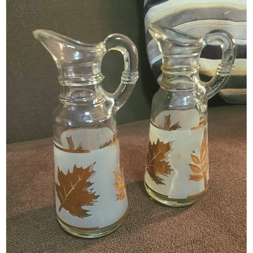 VTG Mid-Centry Frosted Cruet Oil Vinegar Set Gold Leaves Anchor Hocking Starlyte